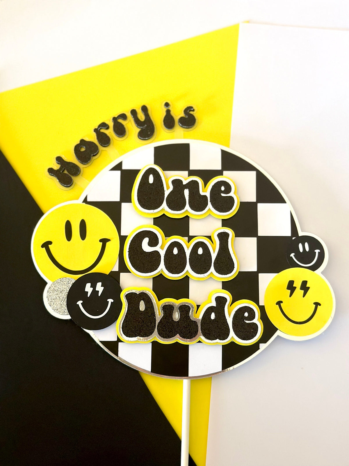 One Cool Dude 3D Cake Topper, one happy dude, checkerboard