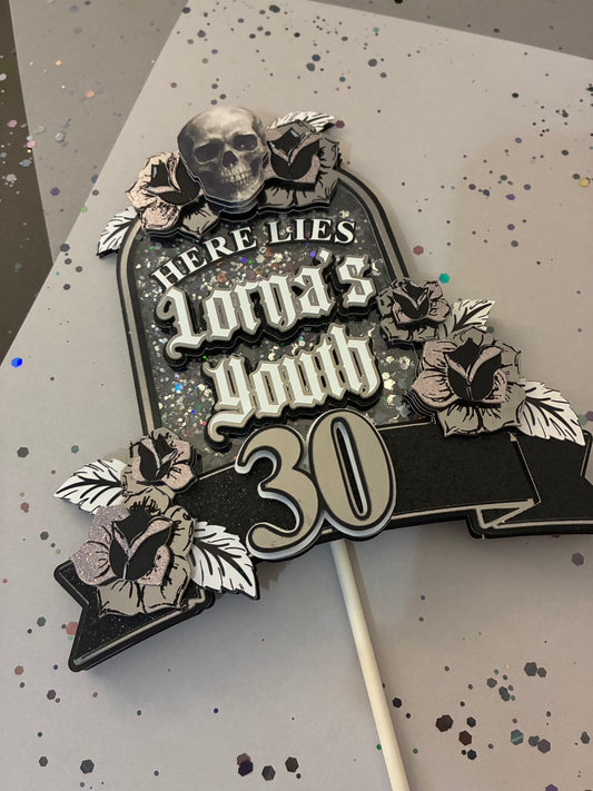 Here Lies Youth Cake Topper