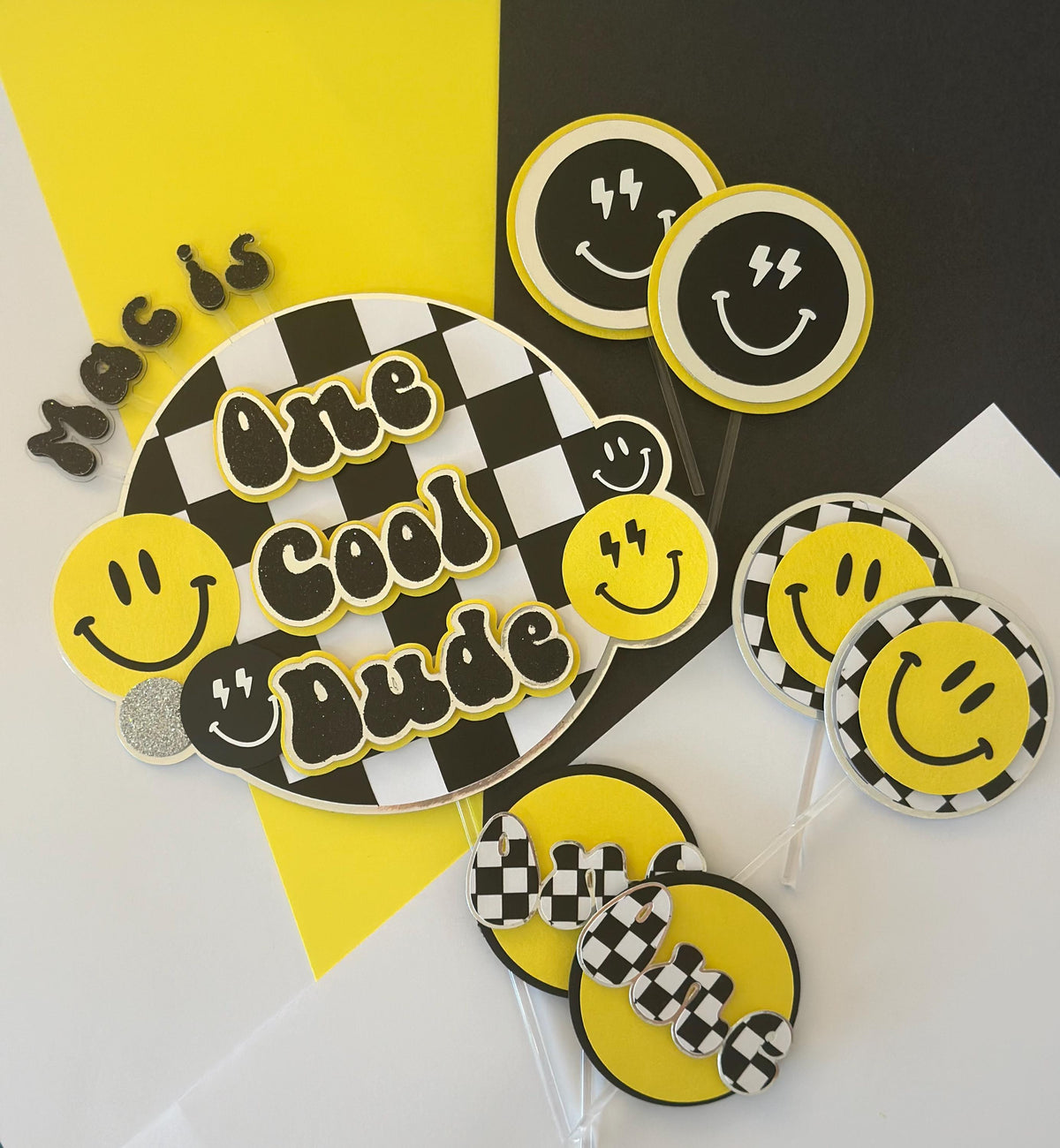 One Cool Dude 3D Cake Topper, one happy dude, checkerboard